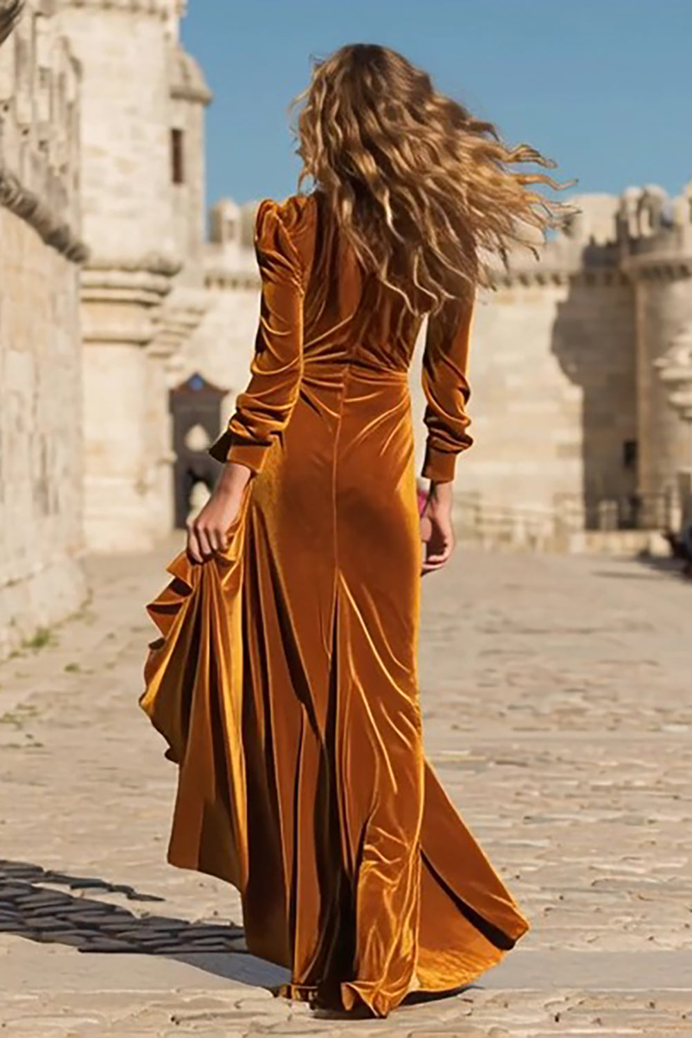Caramel Velvet Ruffled Long Holiday Party Dress with Slit