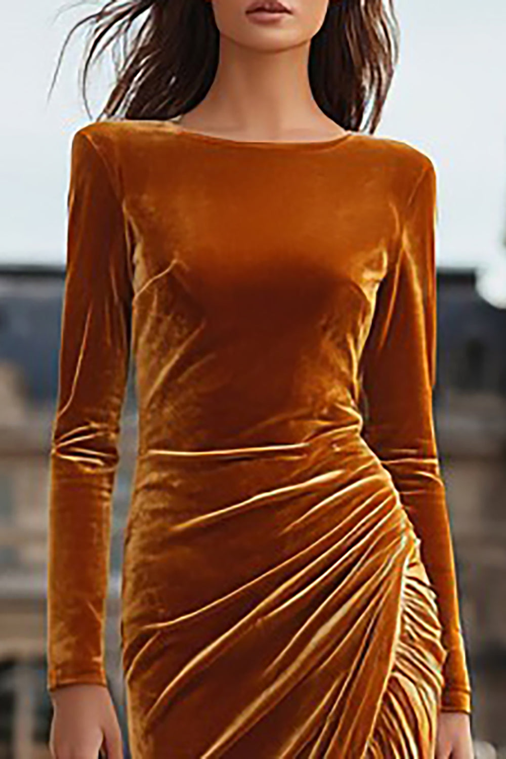 Caramel Velvet Sheath Ruched Long Sleeves Formal Dress with Slit