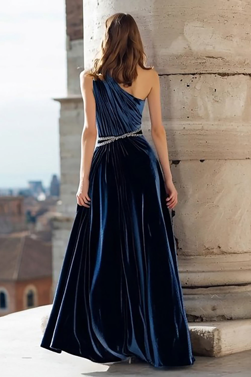 Sparkly Navy Velvet Beaded A Line Long Holiday Party Dress