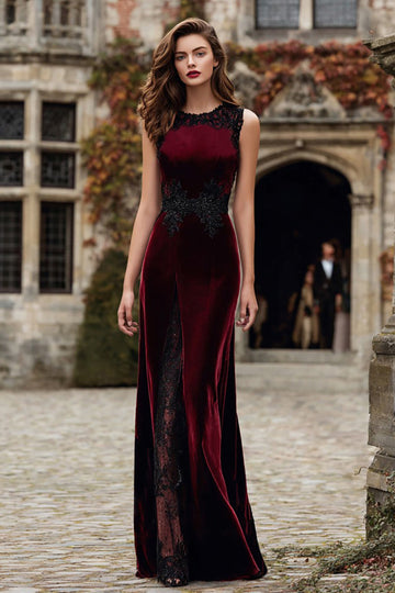 Burgundy Velvet Mermaid Round Neck Long Formal Dress with Lace