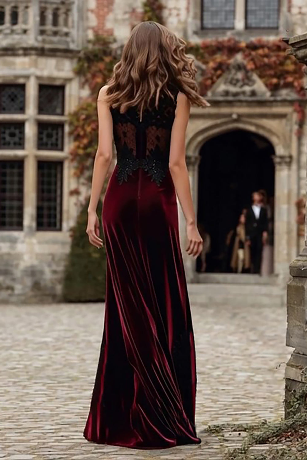 Burgundy Velvet Mermaid Round Neck Long Formal Dress with Lace