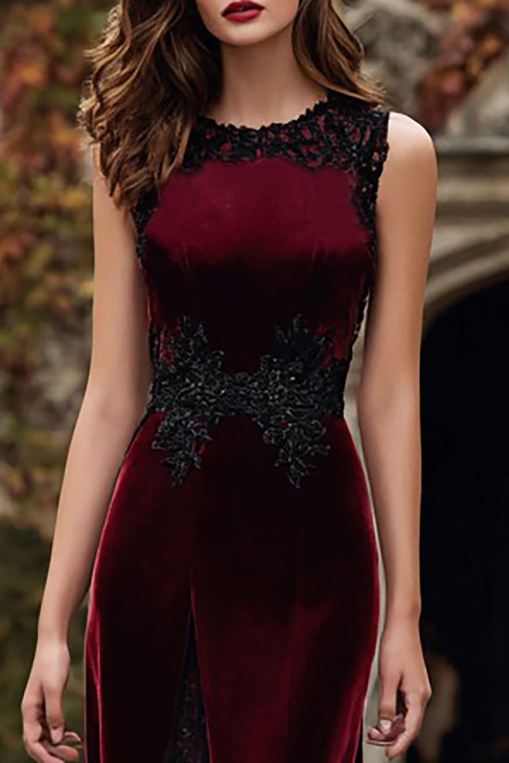 Burgundy Velvet Mermaid Round Neck Long Formal Dress with Lace
