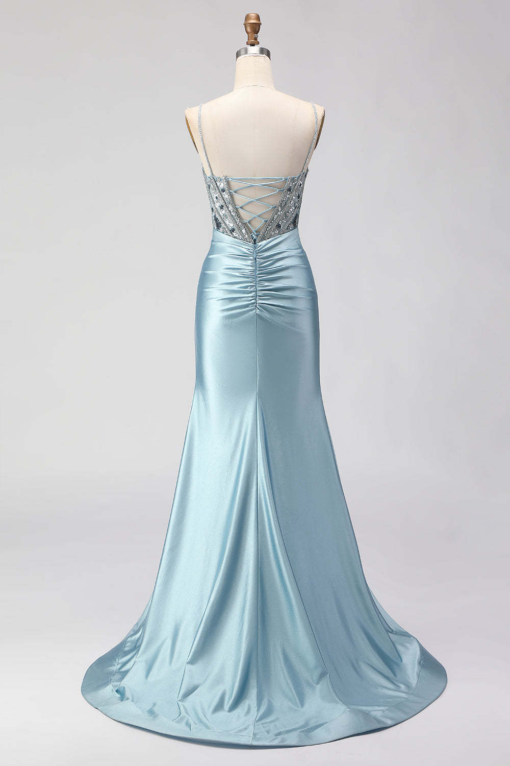 Plus Size Sparkly Dusty Blue Satin Beaded Long Corset Prom Dress with Slit
