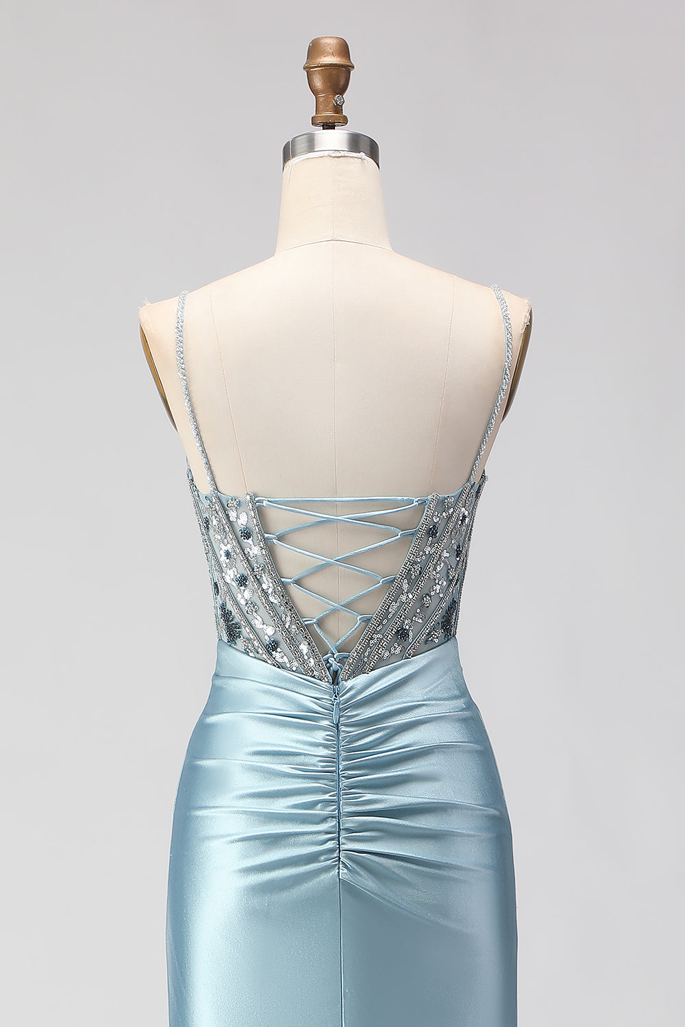 Sparkly Dusty Blue Satin Beaded Long Corset Prom Dress with Slit