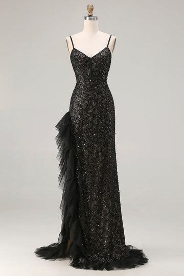 Sparkly Black Mermaid Beaded Long Corset Prom Dress with Ruffles