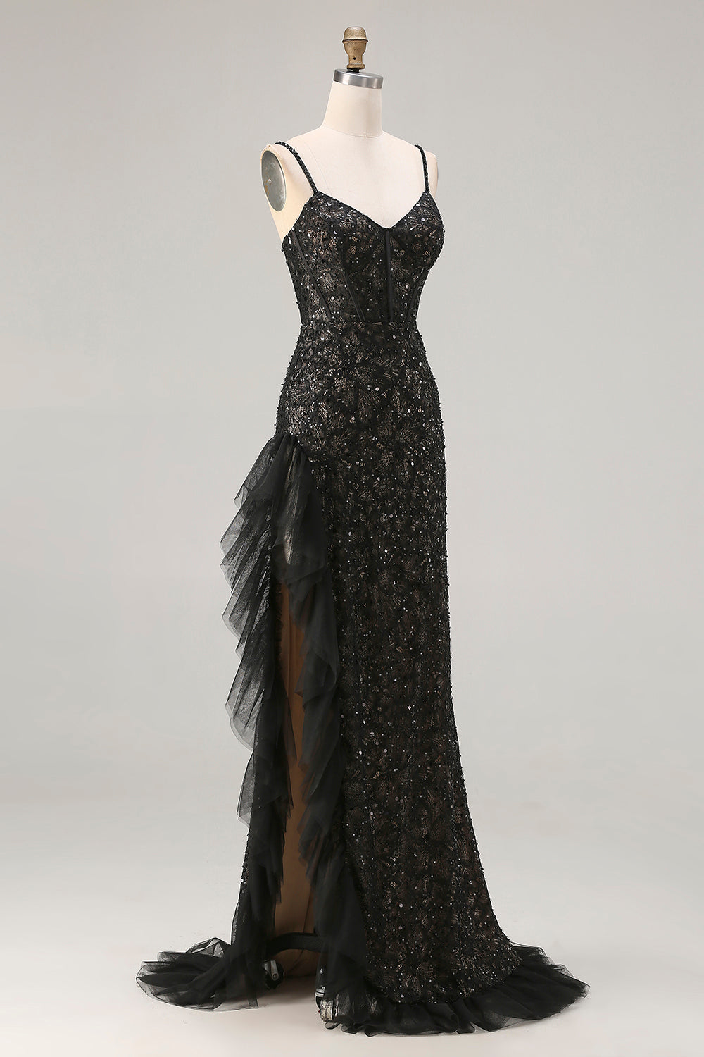 Sparkly Black Mermaid Beaded Long Corset Prom Dress with Ruffles
