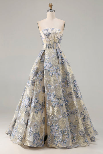 Floral Dusty Blue A Line Strapless Long Corset Prom Dress with Slit