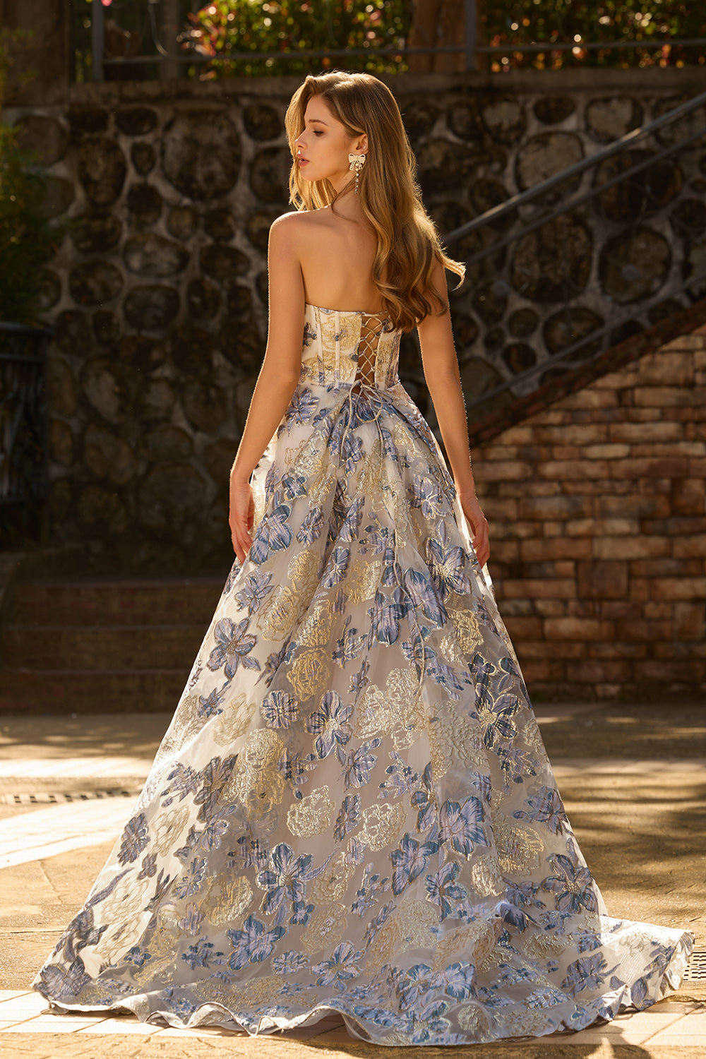 Floral Dusty Blue A Line Strapless Long Corset Prom Dress with Slit