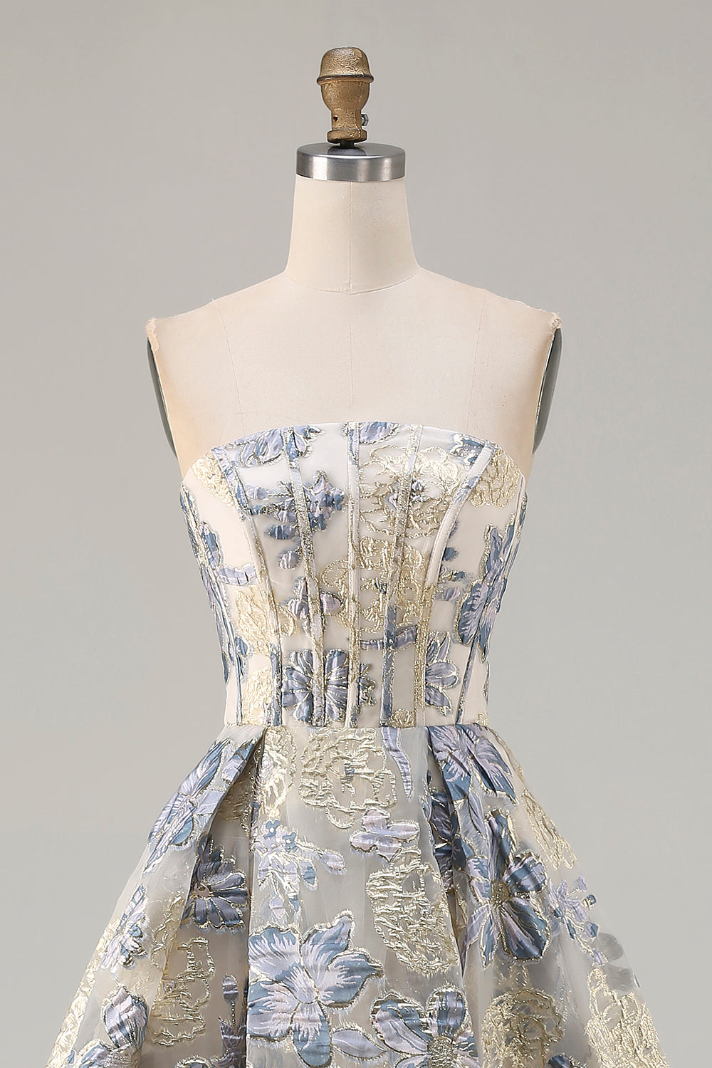 Floral Dusty Blue A Line Strapless Long Corset Prom Dress with Slit
