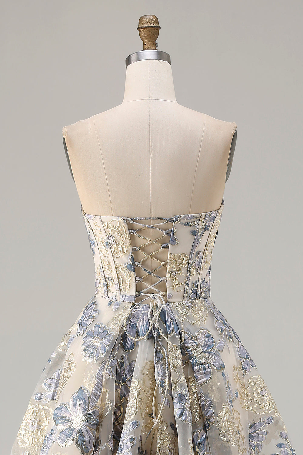 Floral Dusty Blue A Line Strapless Long Corset Prom Dress with Slit