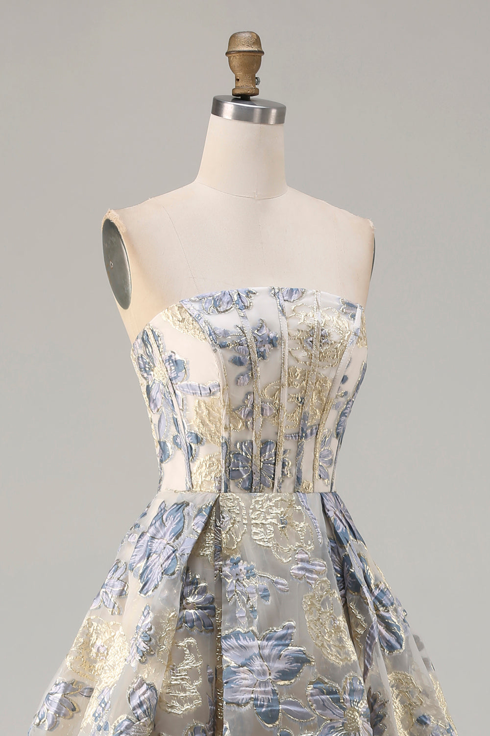 Floral Dusty Blue A Line Strapless Long Corset Prom Dress with Slit
