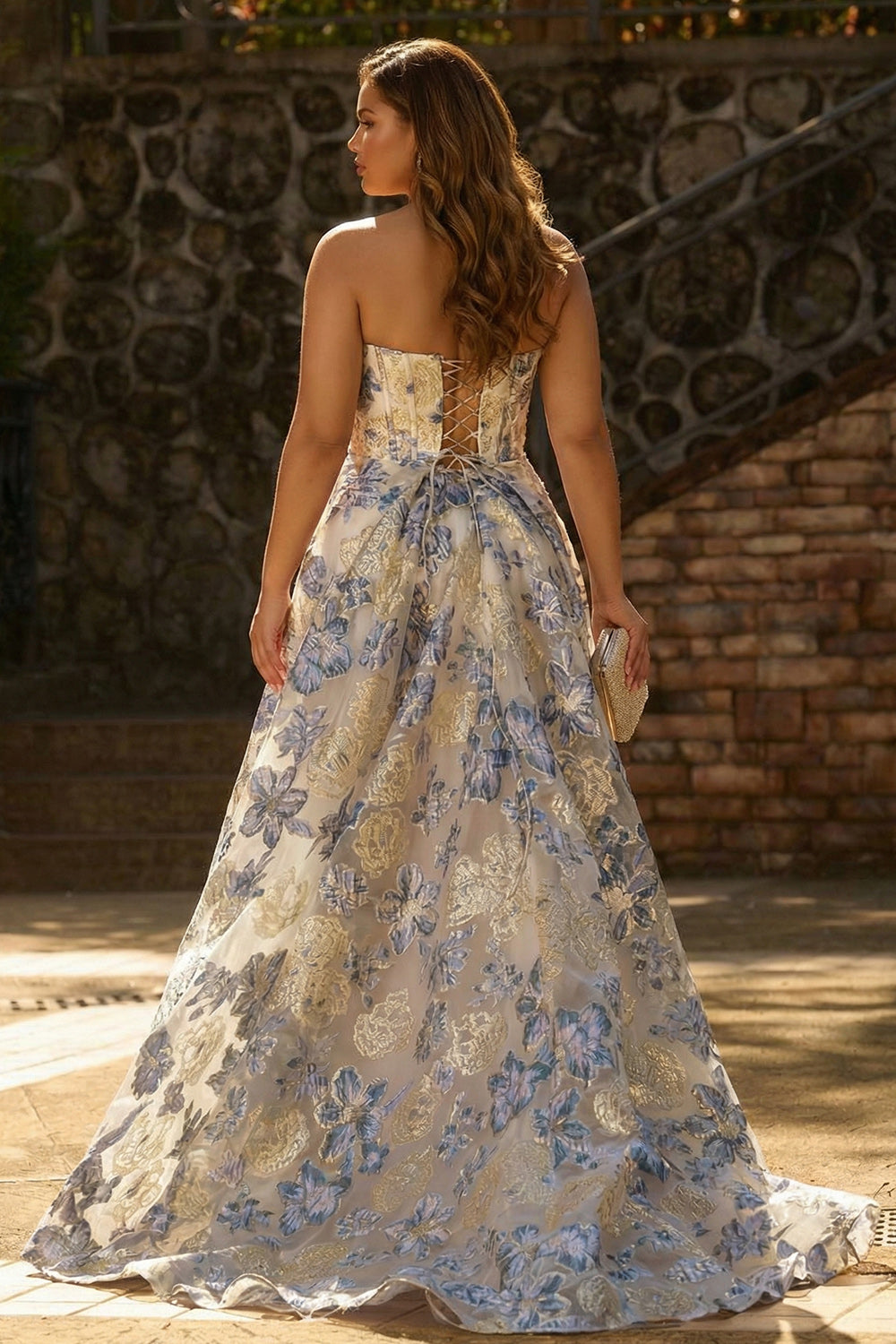 Floral Dusty Blue A Line Strapless Long Corset Prom Dress with Slit