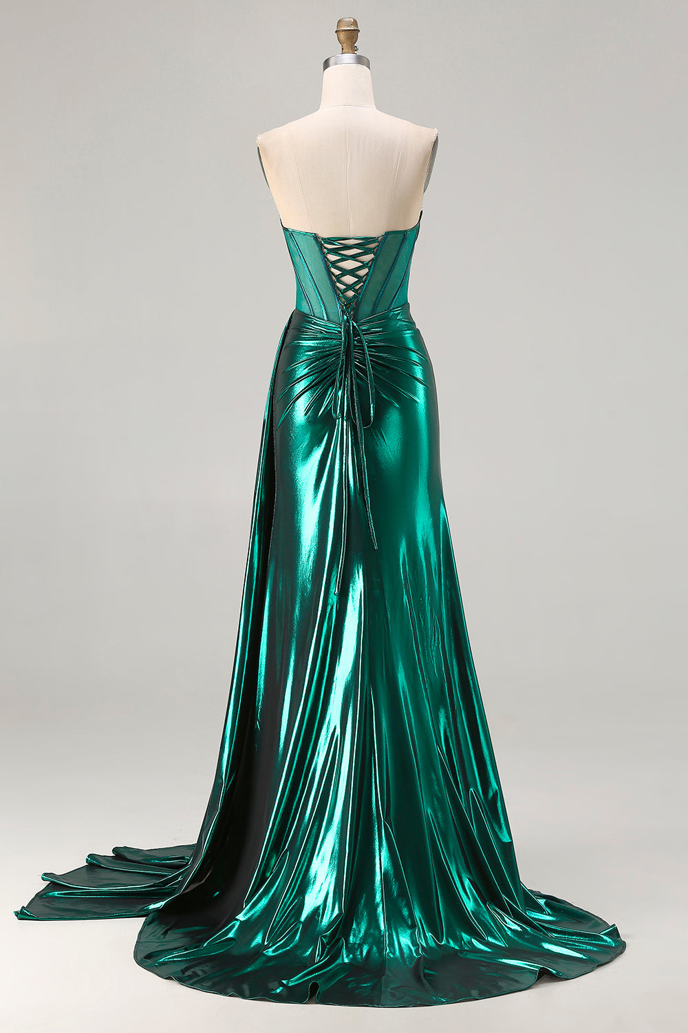 Sparkly Pink Mermaid Strapless Long Corset Prom Dress with Slit