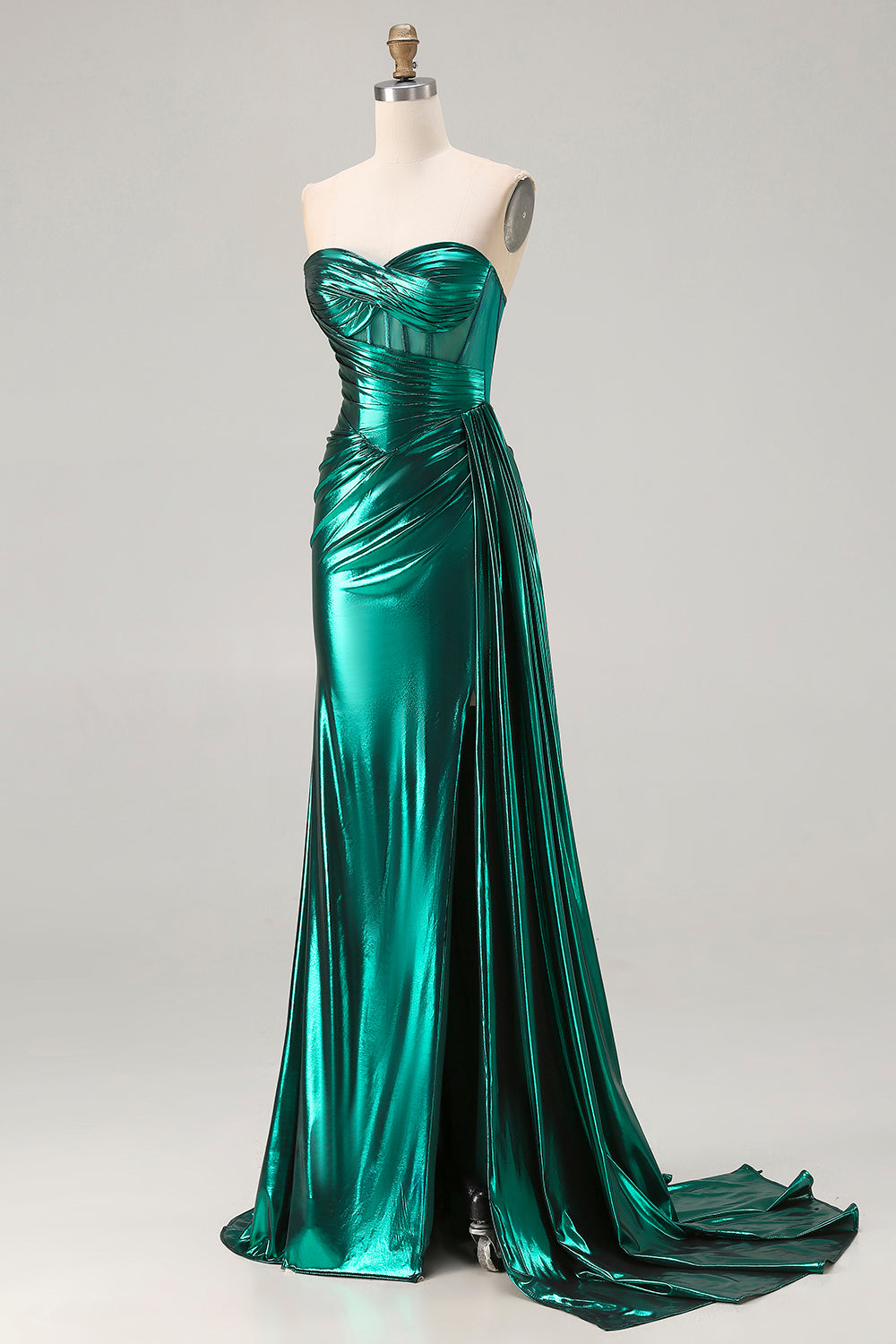 Sparkly Dark Green Mermaid Ruched Long Corset Prom Dress with Slit