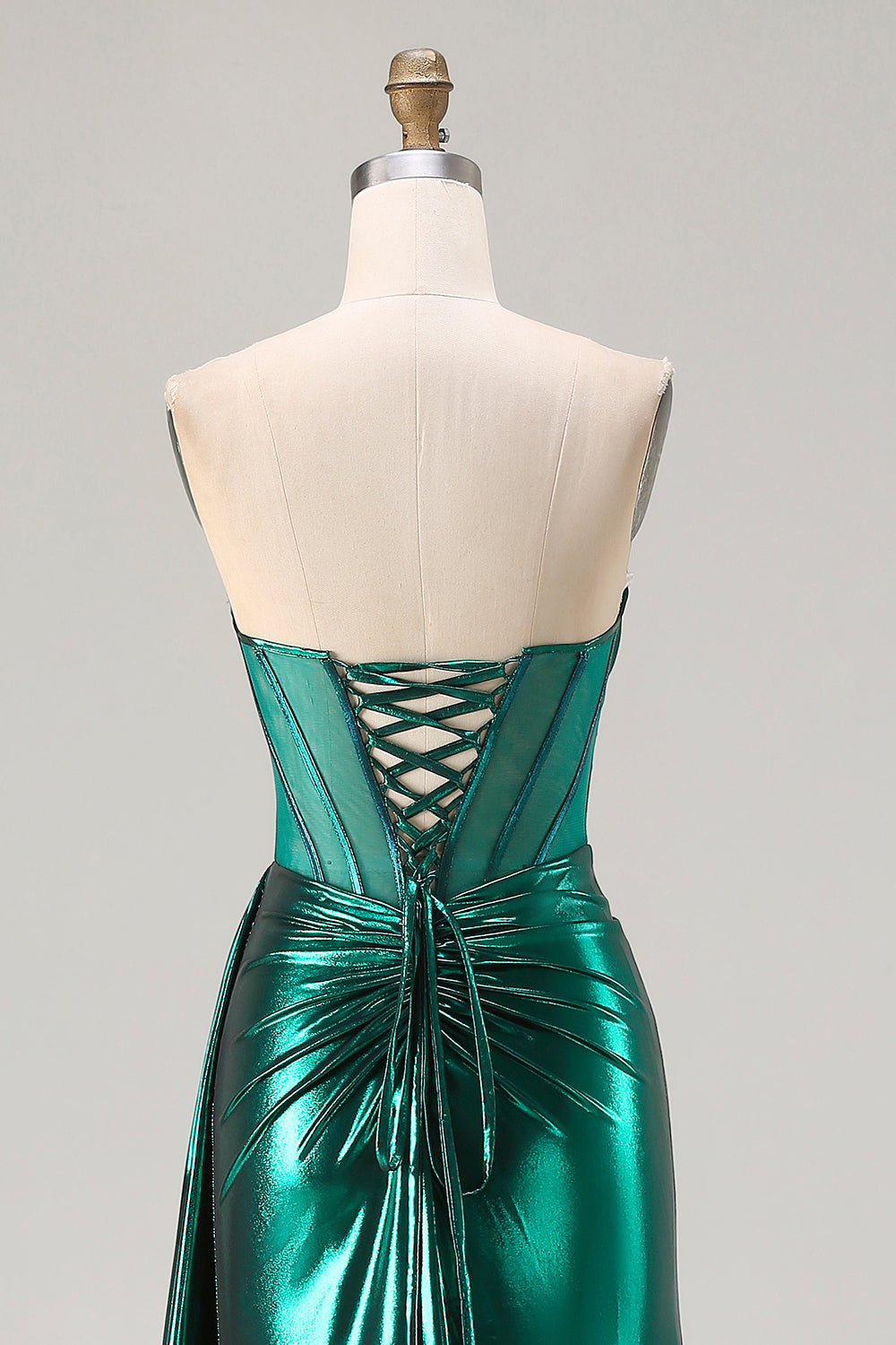 Sparkly Dark Green Mermaid Ruched Long Corset Prom Dress with Slit