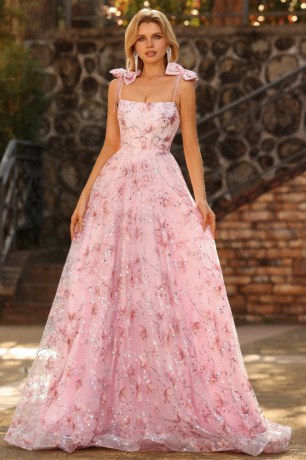 Sparkly Pink Floral Spaghetti Straps Sequin Long Prom Dress with Bows