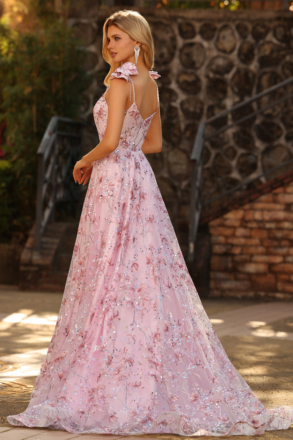 Sparkly Pink Floral Spaghetti Straps Sequin Long Prom Dress with Bows