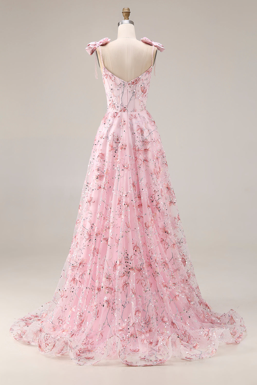 Sparkly Pink Floral Spaghetti Straps Sequin Long Prom Dress with Bows