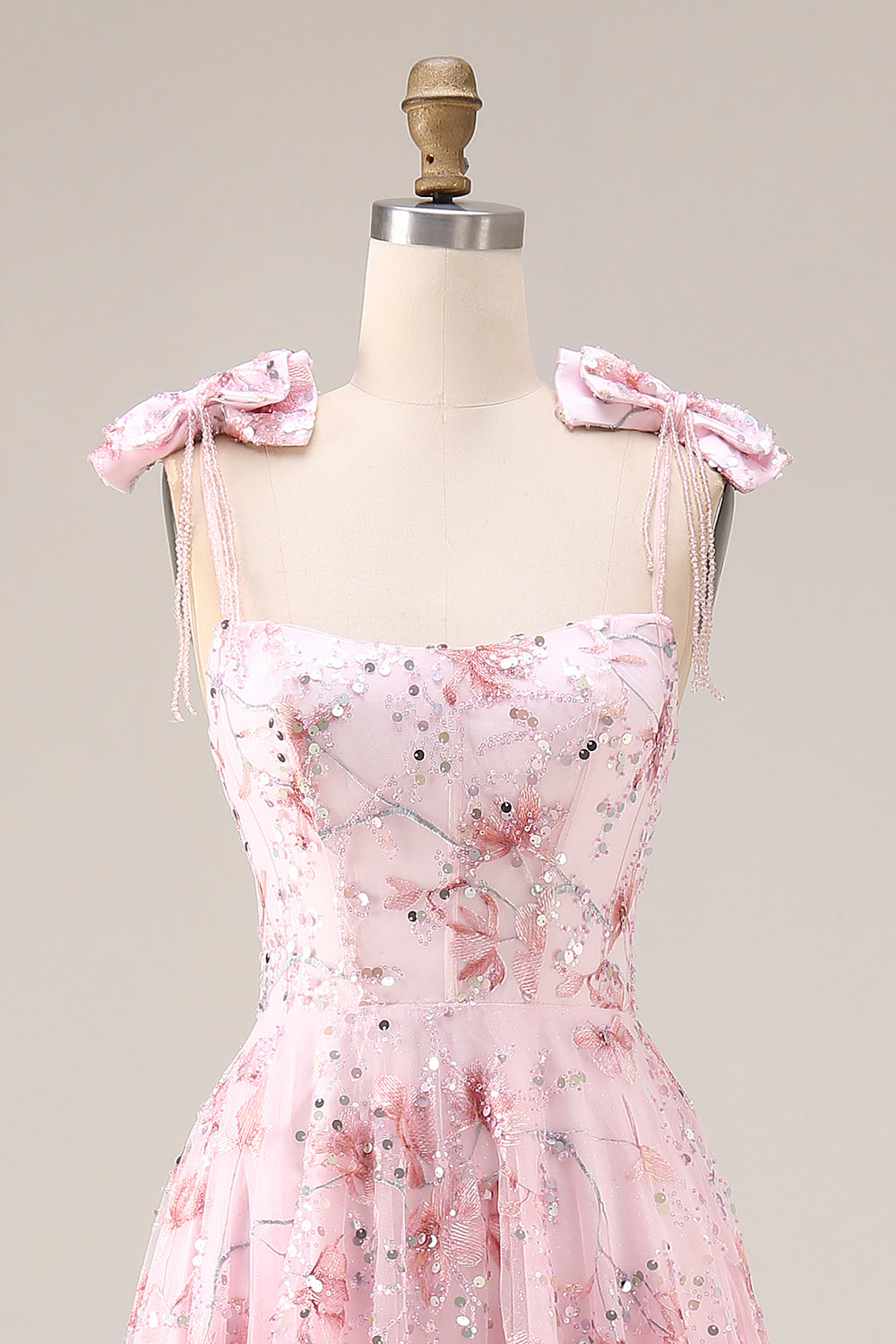 Sparkly Pink Floral Spaghetti Straps Sequin Long Prom Dress with Bows