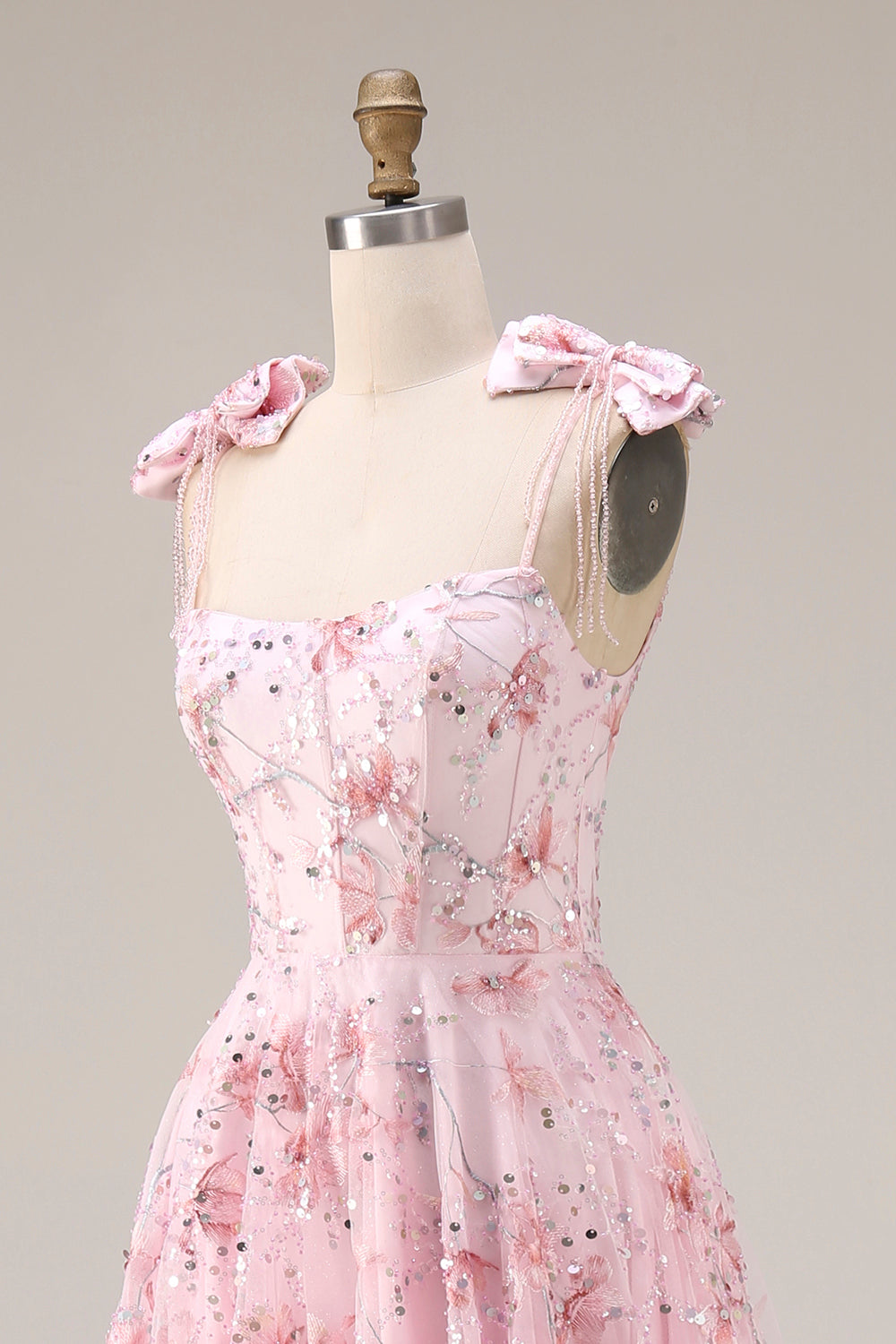 Sparkly Pink Floral Spaghetti Straps Sequin Long Prom Dress with Bows