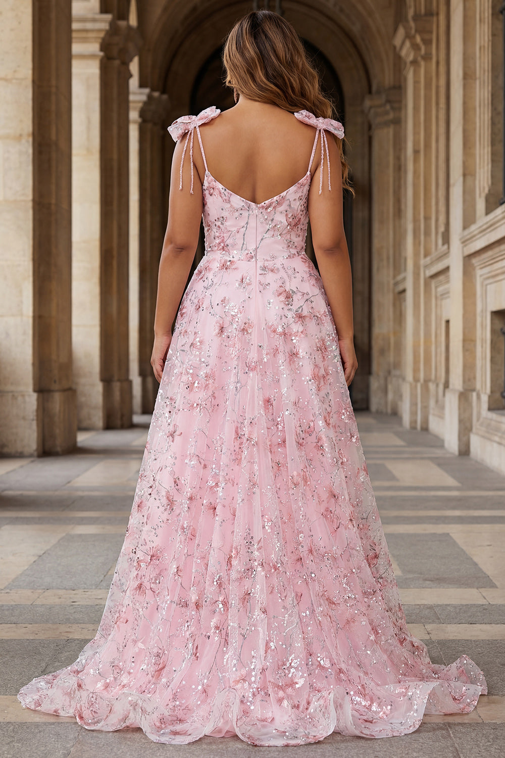 Sparkly Pink Floral Spaghetti Straps Sequin Long Prom Dress with Bows