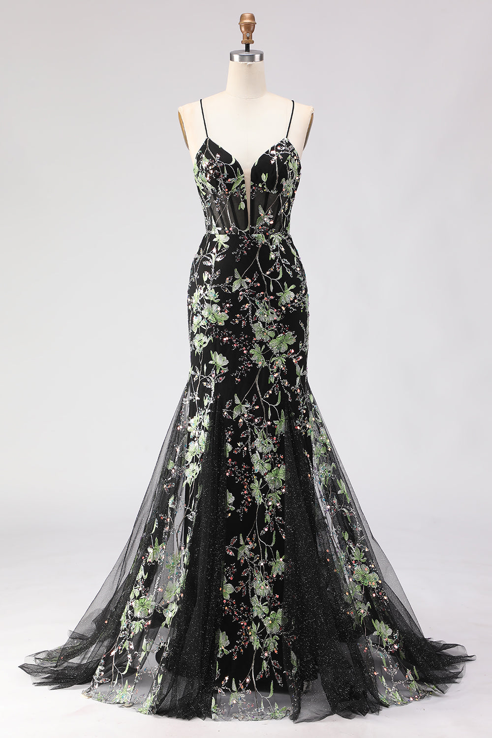 Sparkly Plus Size Floral Black Beaded Spaghetti Straps Long Corset Prom Dress