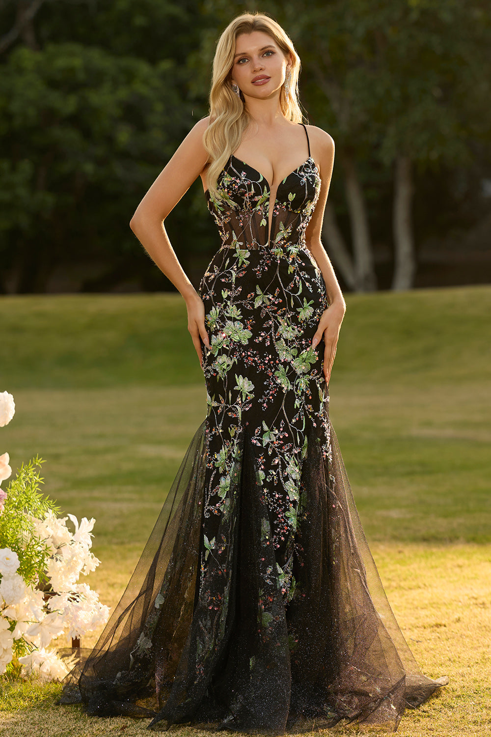 Sparkly Floral Yellow Mermaid Spaghetti Straps Long Corset Prom Dress with Beading