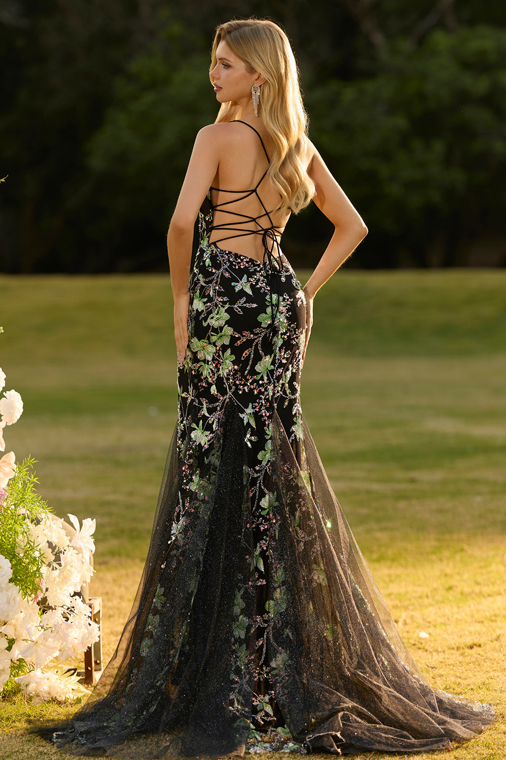 Sparkly Pink Floral Beaded Spaghetti Straps Mermaid Corset Long Prom Dress