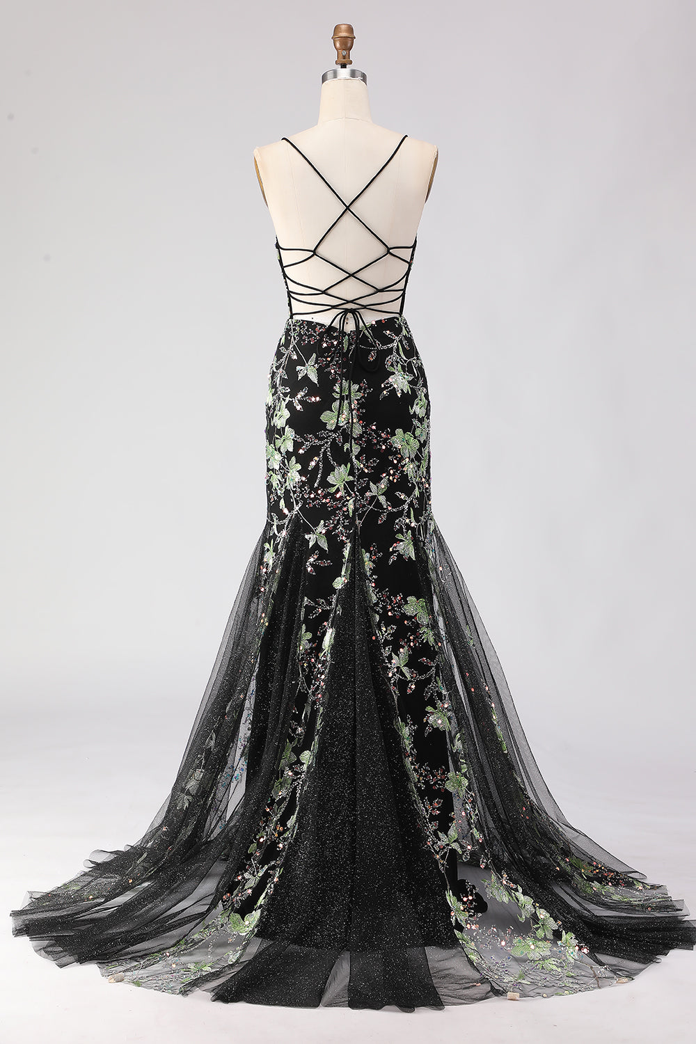 Sparkly Floral Yellow Mermaid Spaghetti Straps Long Corset Prom Dress with Beading