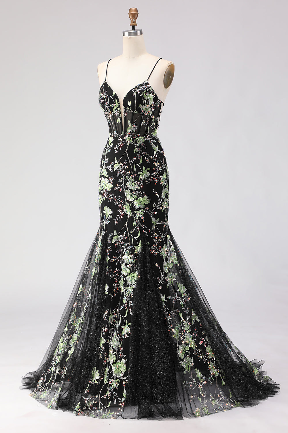 Sparkly Pink Floral Beaded Spaghetti Straps Mermaid Corset Long Prom Dress