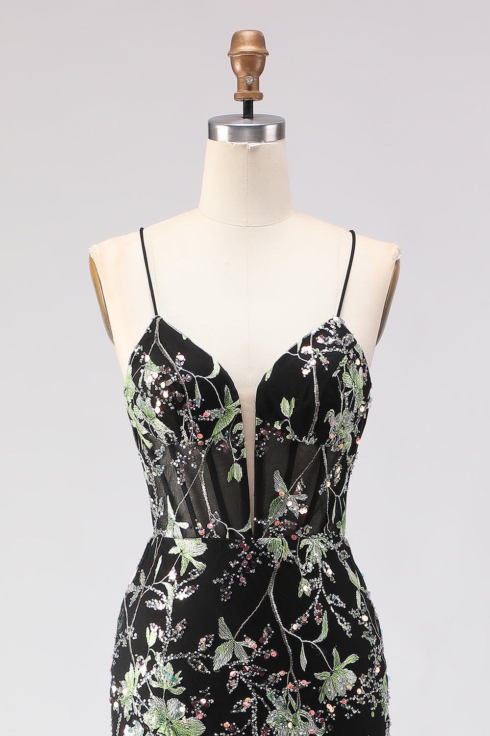 Sparkly Floral Yellow Mermaid Spaghetti Straps Long Corset Prom Dress with Beading