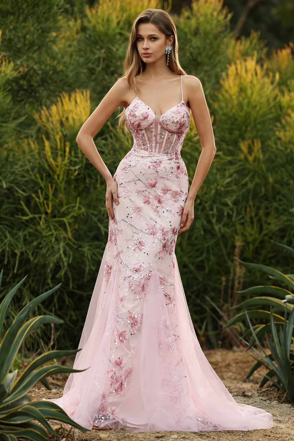 Sparkly Floral Black Beaded Spaghetti Straps Long Corset Prom Dress