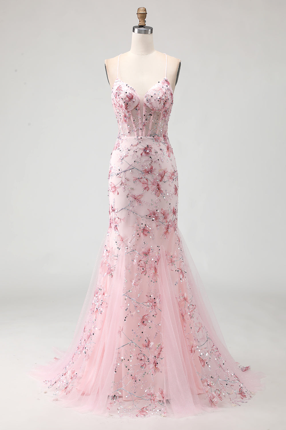 Sparkly Floral Black Beaded Spaghetti Straps Long Corset Prom Dress