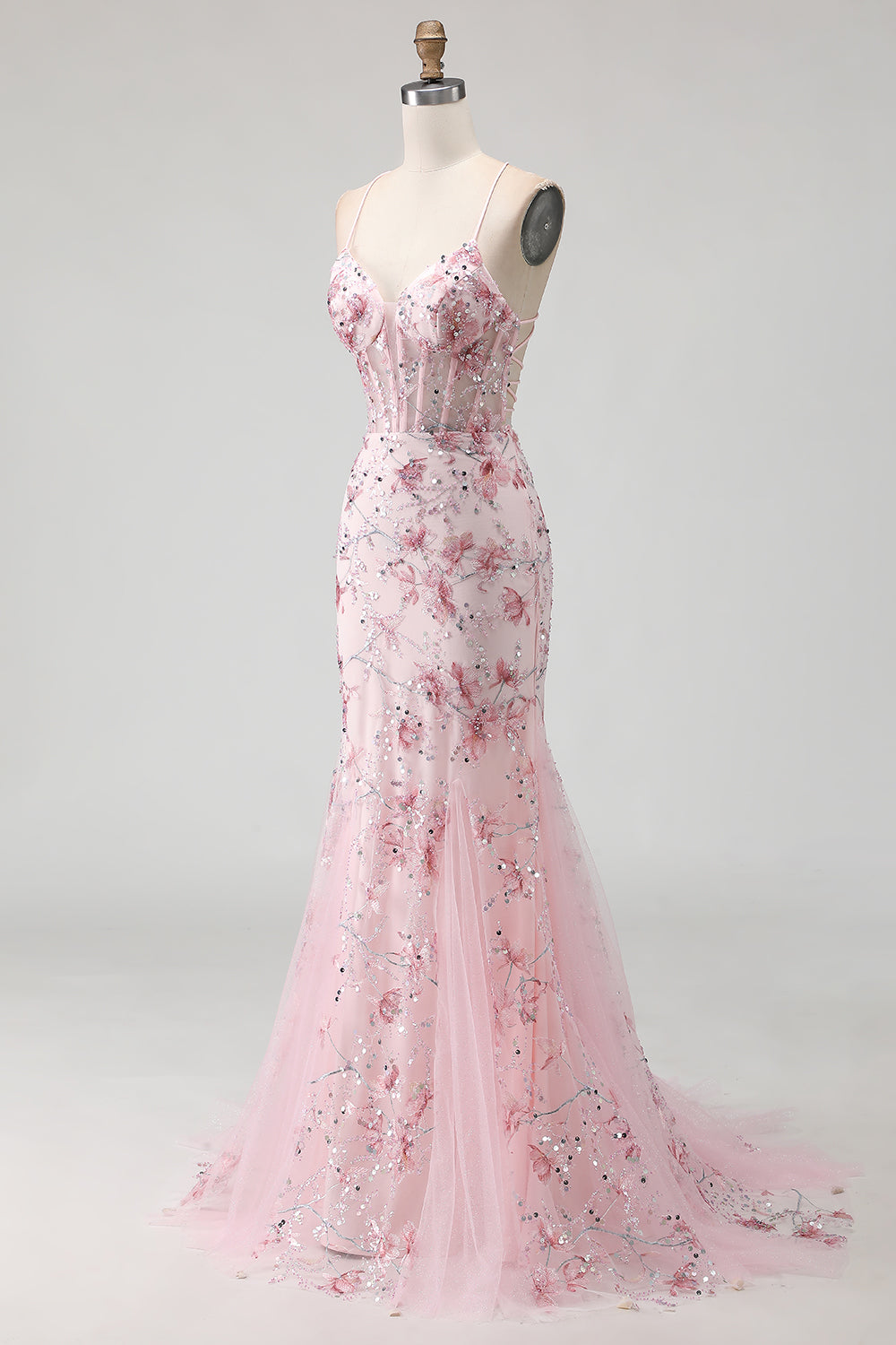 Sparkly Floral Yellow Mermaid Spaghetti Straps Long Corset Prom Dress with Beading