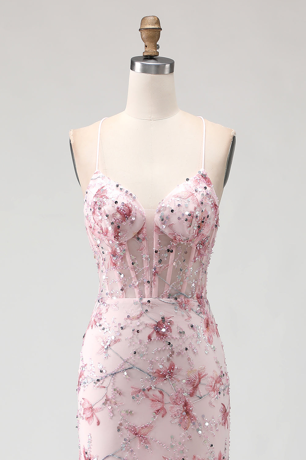 Sparkly Floral Black Beaded Spaghetti Straps Long Corset Prom Dress