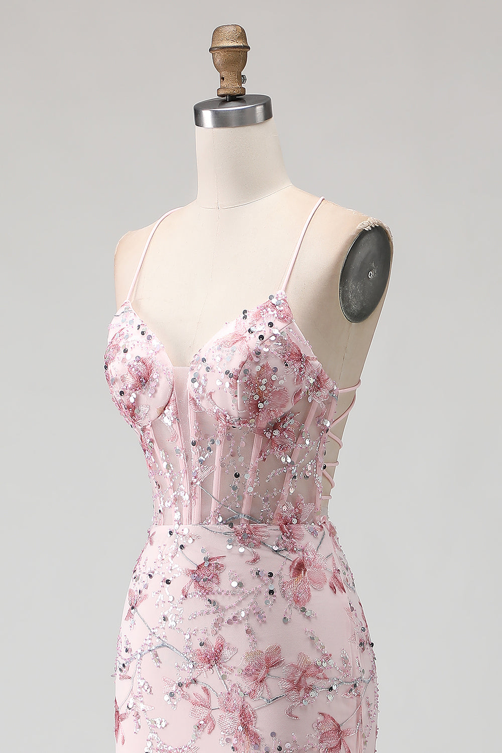 Sparkly Pink Floral Beaded Spaghetti Straps Mermaid Corset Long Prom Dress