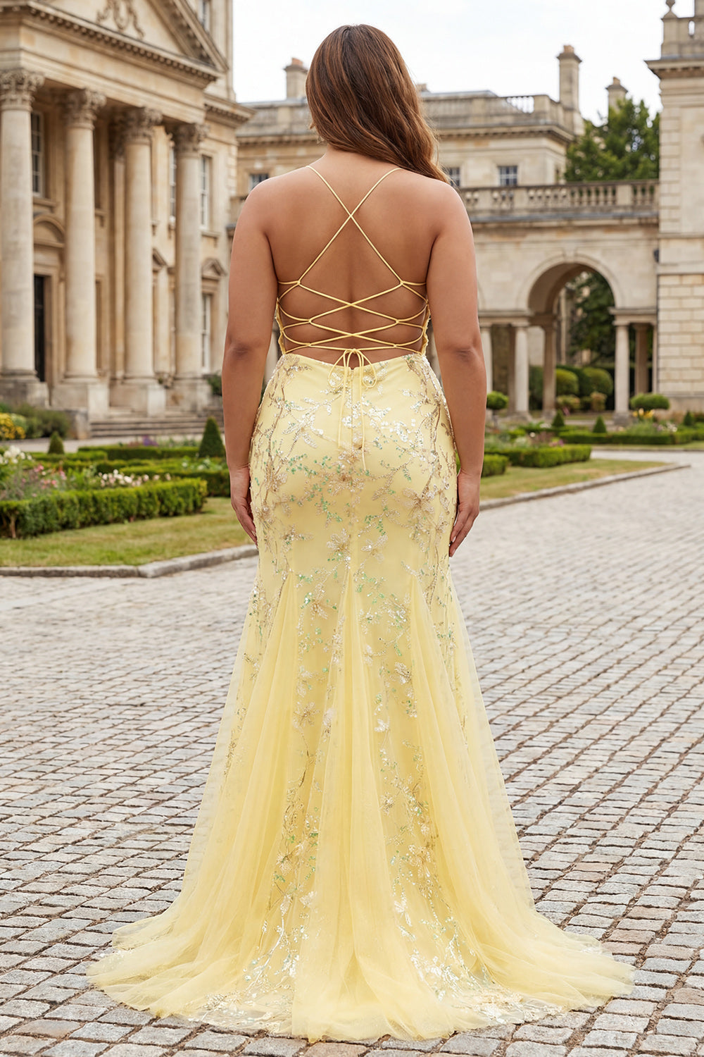 Sparkly Floral Yellow Mermaid Spaghetti Straps Long Corset Prom Dress with Beading