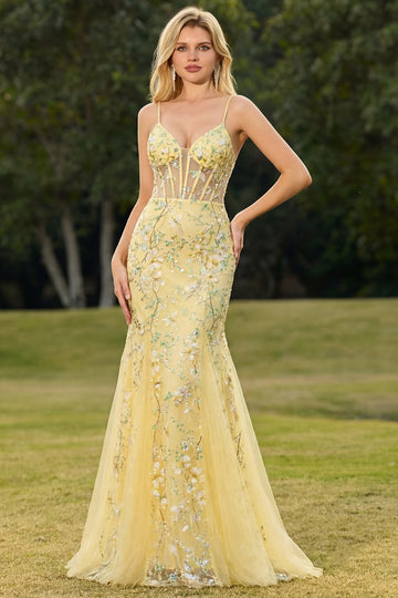 Sparkly Floral Yellow Mermaid Spaghetti Straps Long Corset Prom Dress with Beading