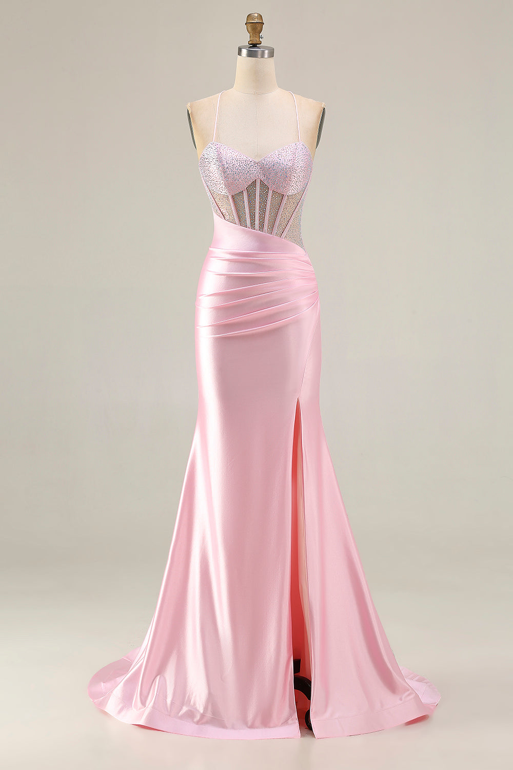 Sparkly Pink Plus Size Corset Mermaid Long Prom Dress with Slit