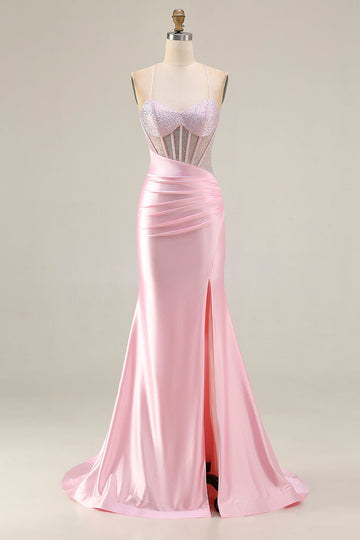 Sparkly Pink Corset Mermaid Long Prom Dress with Slit