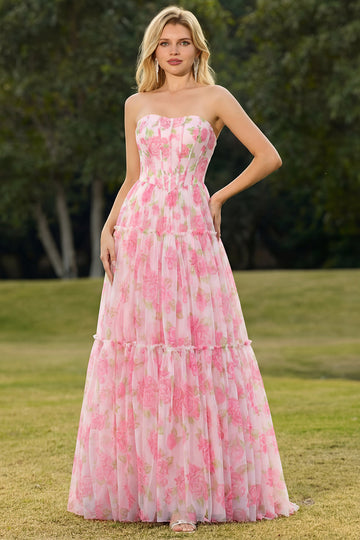 Floral Pink A-Line Chiffon Long Corset Prom Dress with Ruffles