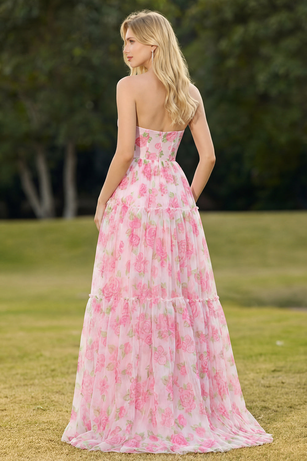 Floral Pink A-Line Chiffon Long Corset Prom Dress with Ruffles