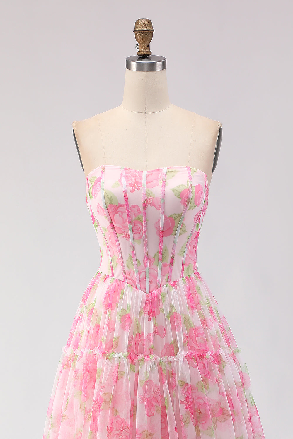 Floral Pink A-Line Chiffon Long Corset Prom Dress with Ruffles