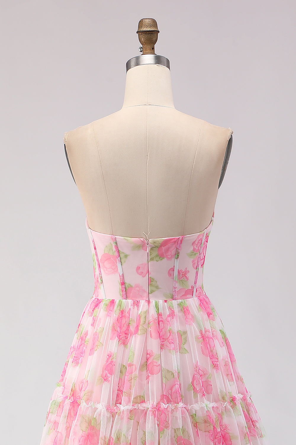 Floral Pink A-Line Chiffon Long Corset Prom Dress with Ruffles