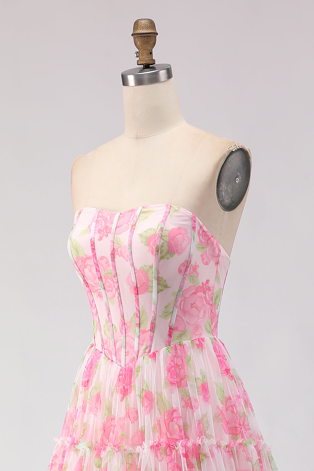 Floral Pink A-Line Chiffon Long Corset Prom Dress with Ruffles