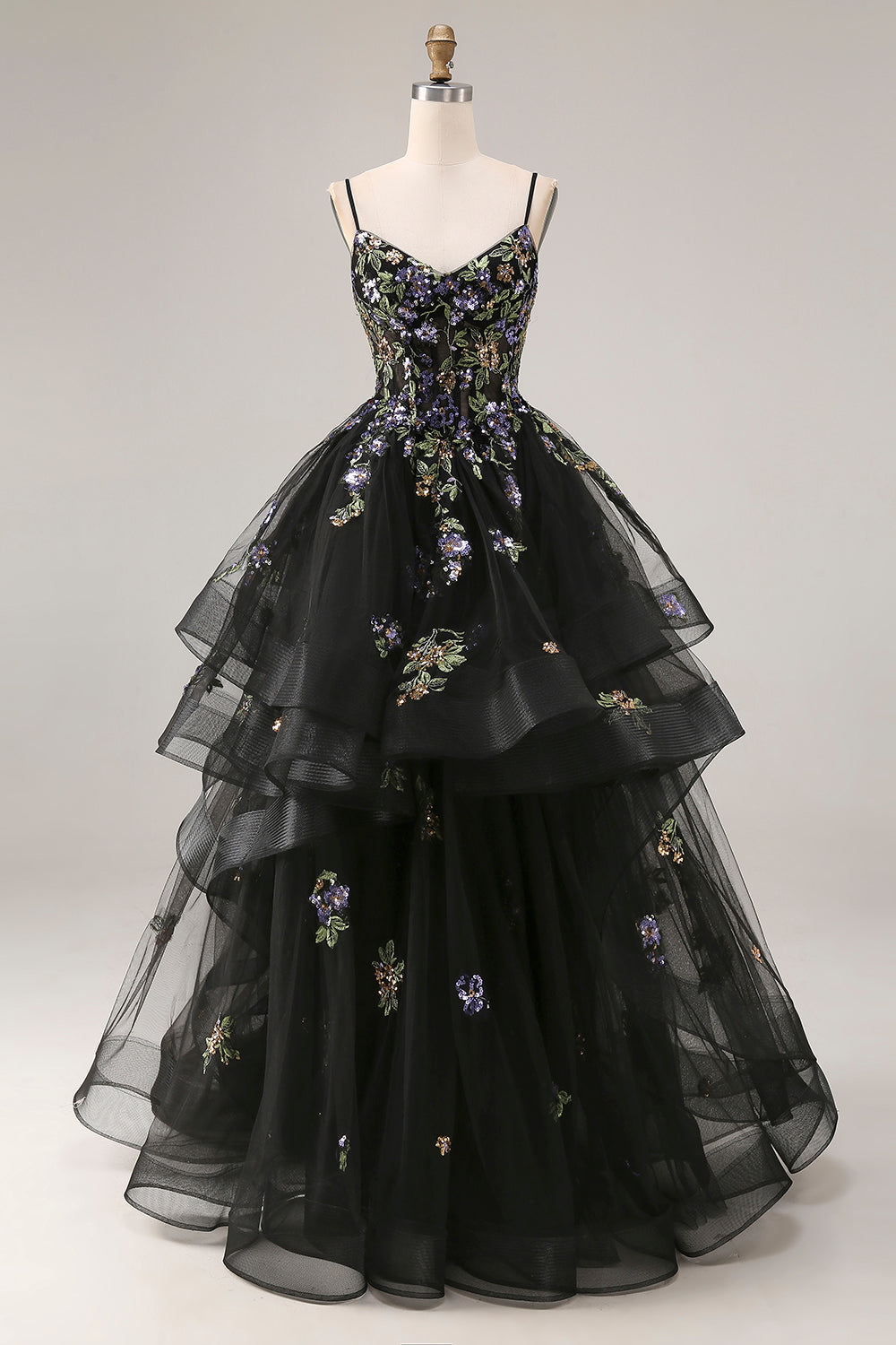 Sparkly Black A Line Sequins Tulle Long Prom Dress with Ruffles