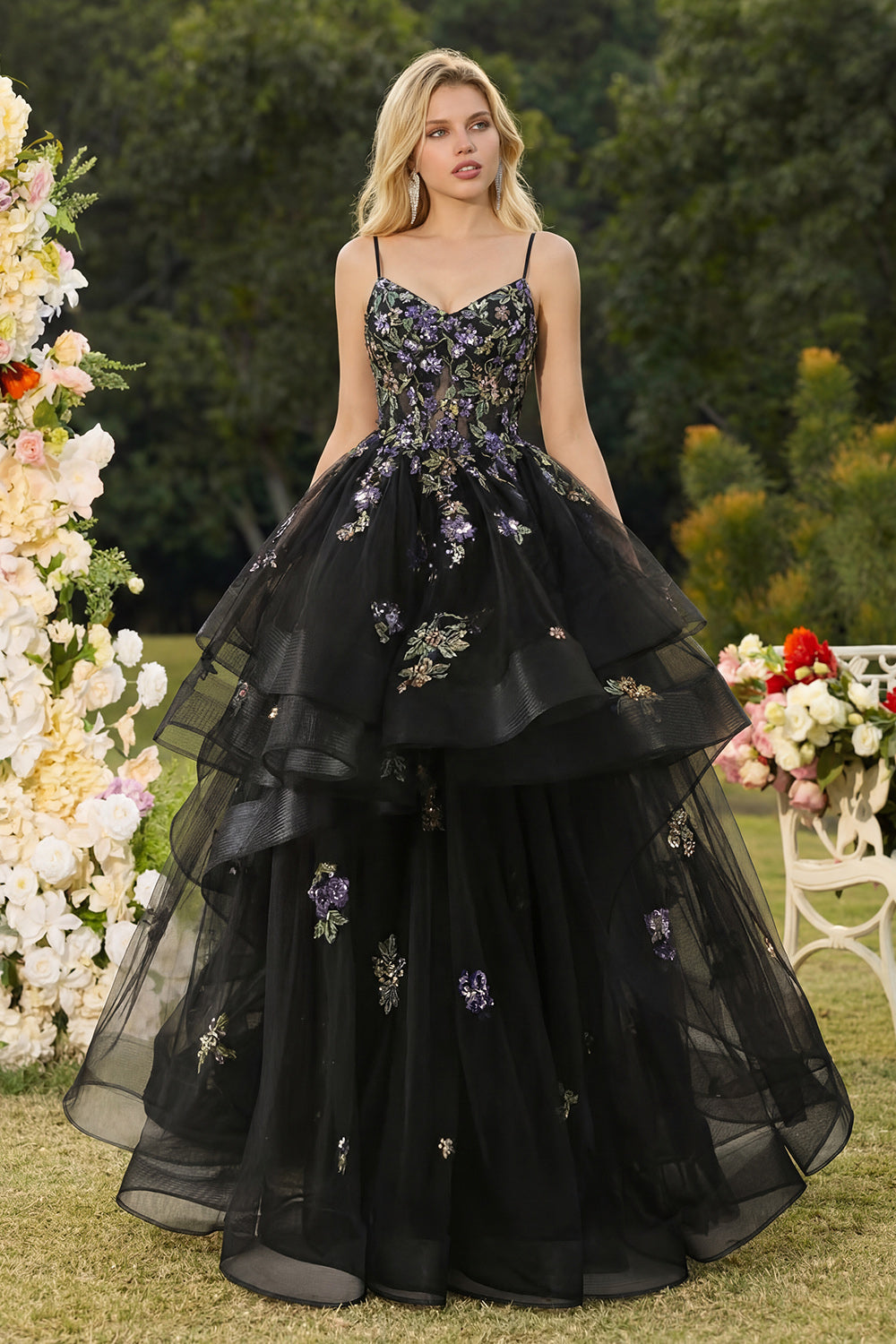 Sparkly Black A Line Sequins Tulle Long Prom Dress with Ruffles