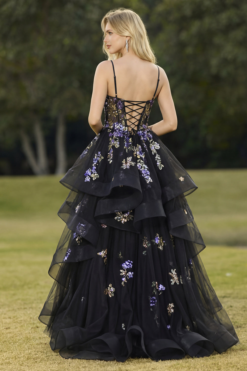 Sparkly Black A Line Sequins Tulle Long Prom Dress with Ruffles