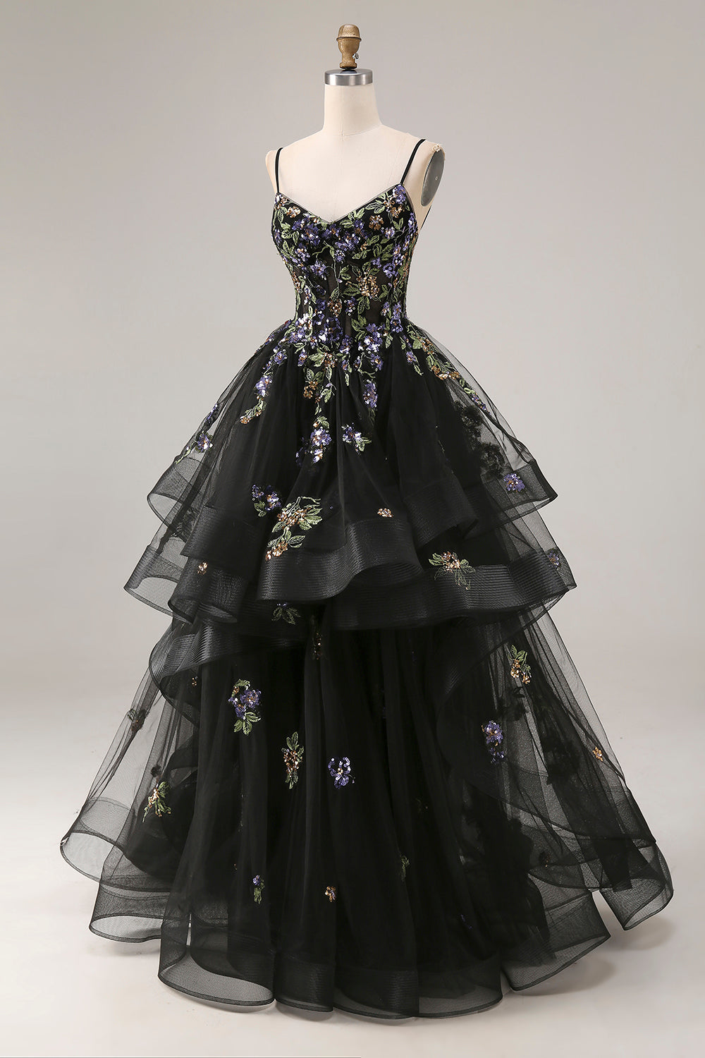 Sparkly Black A Line Sequins Tulle Long Prom Dress with Ruffles