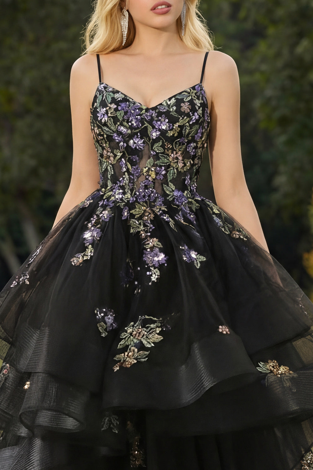 Sparkly Black A Line Sequins Tulle Long Prom Dress with Ruffles